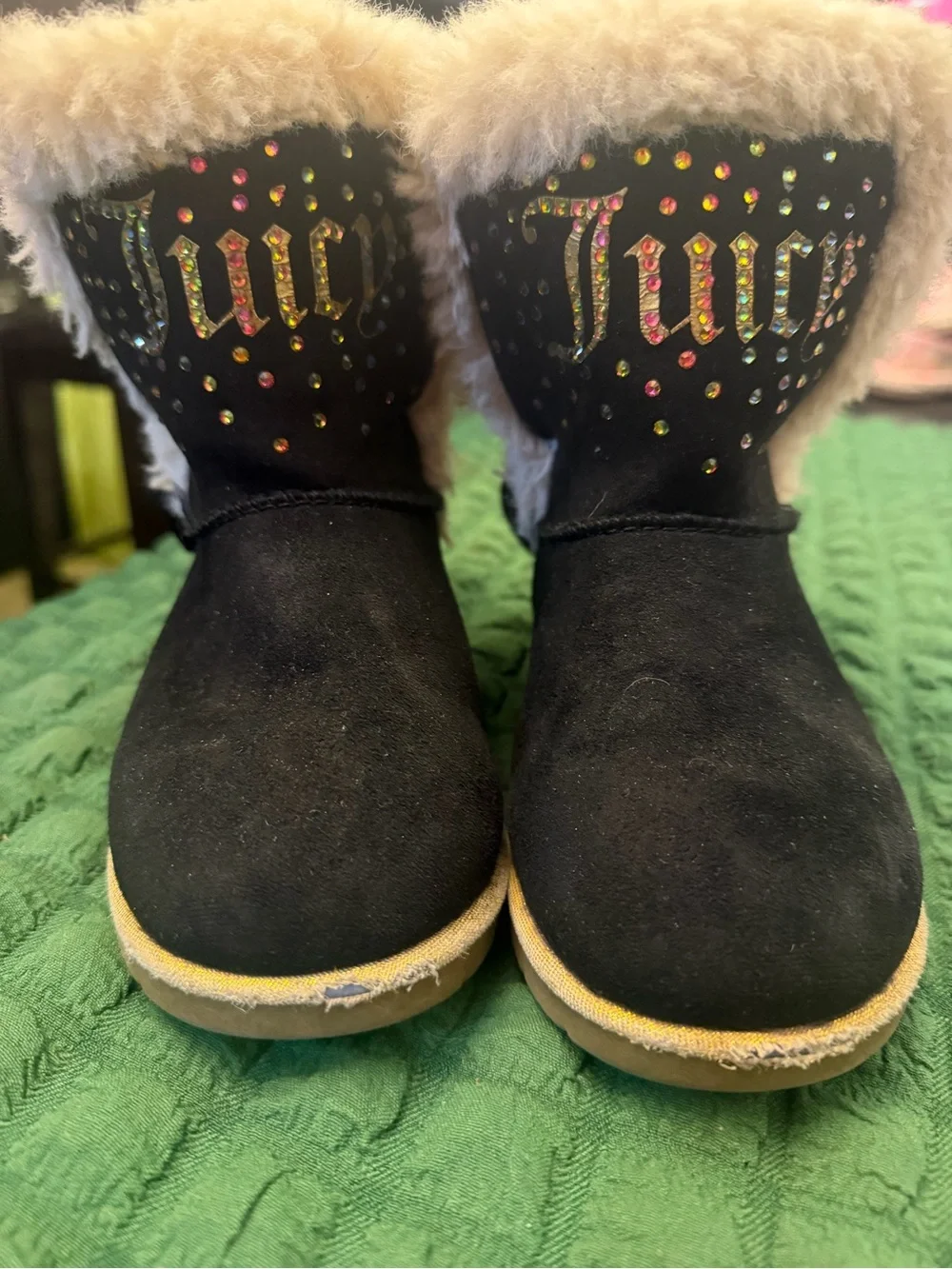 Juicy Couture Black Faux-Shearling Rhinestone Logo Kids Boots